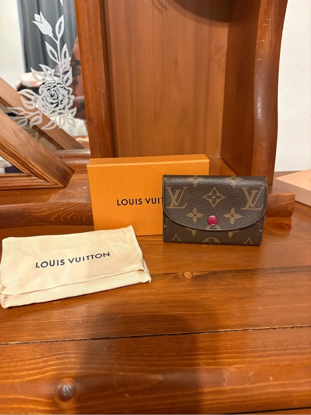 Louis Vuitton Monogram Compact Wallet in Brown with Pink Snap Button